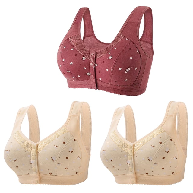Bigersell Front Closure Bras for Women Plus Size 3pcs Training Bra Style R-6 Breathable Pullover Bras Pack R-6-wine