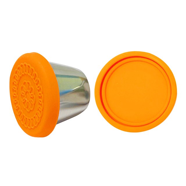 Stainless steel food containers with lids, featuring a compact design and vibrant orange silicone covers. The set includes a small, reusable condiment container with a leak-proof seal, ideal for lunch boxes, picnics, or travel. The silicone lid is easy to open and helps distinguish different sauces. Dishwasher and freezer safe for convenience.