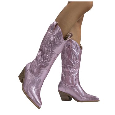 IUJSOY Bottes de Cowboy Bottes de Cowgirl pour Femmes à Enfiler Talon Empilé Broderie Bottes Mi-Mollet