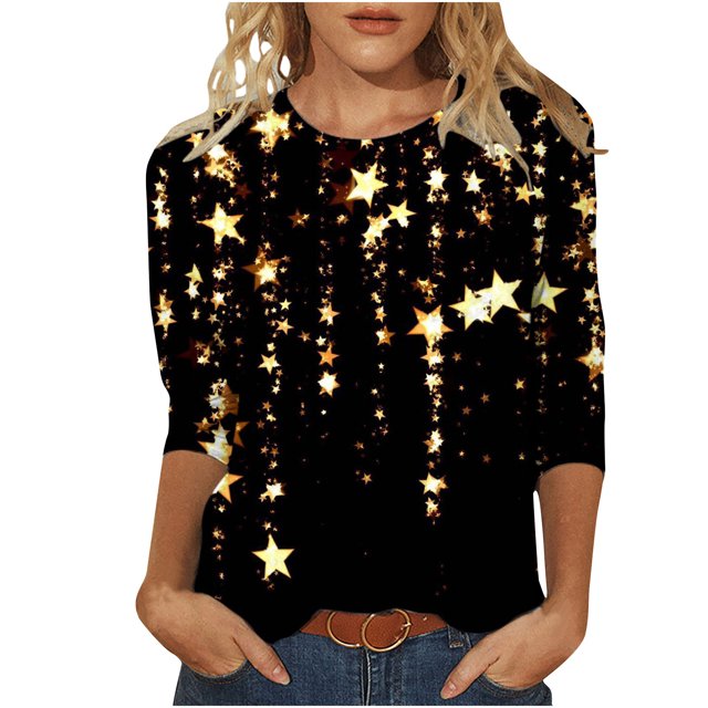 T-shirt Ample Imprimé pour Femme, Blouse à Manches 3/4, Col Rond, Hauts Décontractés