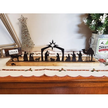 Meitianfacai Nativity Scene Nativity Sets For Christmas Indoor Black Metal Nativity Set With Wood Base People Nativity Set Tree Nativity For Christmas Table Decoration