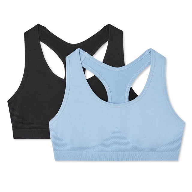 George Girls' Racerback Bras 2-Pack with one solid light blue and one solid black bra, both featuring racerback design, elasticized band, and crew neckline, designed for comfort and support, suitable for layering under tees and sweatshirts.