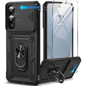 MYKOMI pour Samsung Galaxy S25 Coque Edge avec protecteur d'écran & Couverture d'objectif de caméra coulissante,Construire-dans 360°Rotate Magnétique bague Stand Shockproof Protective Phone Case pour Samsung S25 Cas de bord