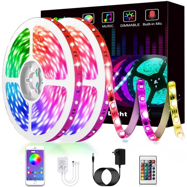 Led Lights, 50Ft/15M RGB LED light strips for bedroom with Bluetooth and remote controller. The package includes three 16.4-foot LED strips, a 44-key remote control, an AC/DC adapter, and a user manual. The lights are shown in vibrant colors, including red, green, blue, and yellow, with a smartphone app interface for customization. Features include music sync, adjustable brightness, timer mode, and 29 dynamic modes. The strips are non-waterproof and suitable for indoor use.