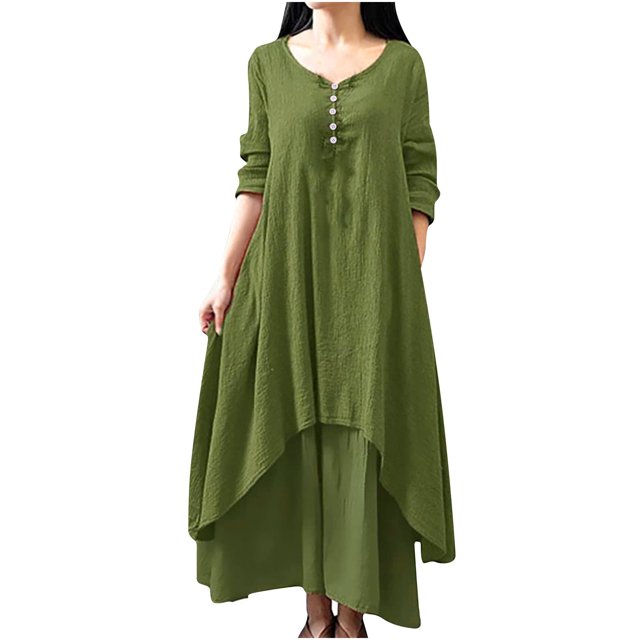 Ersazi Robe pour Femmes 2023 Mode pour Femmes Grande Taille à Col Rond Robe Longue Unie à Manches Longues Robe à Boutons Robe Portefeuille pour Femmes,Vert,m