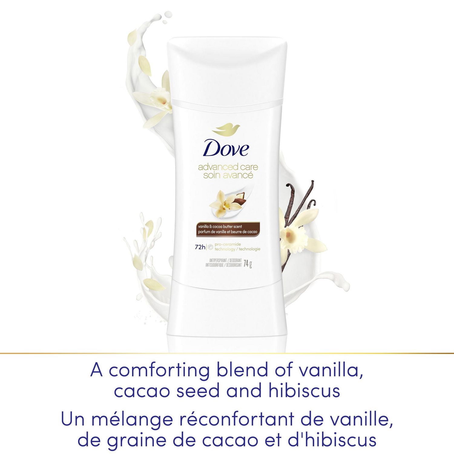 Dove Soin Avancé Désodorisant Antisudorifique Vanille et Beurre de Cacao, 74 g