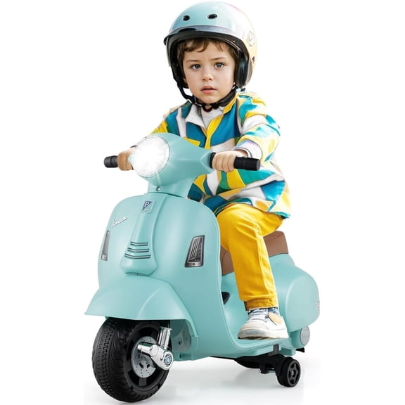 Moto Vespa pour Enfants sous Licence par OLAKIDS, Moto 6 V à Batterie pour Tout-Petits avec Roues Stabilisatrices, Klaxon, Lumières DEL, Jouet Électrique à Chevaucher pour Garçons et Filles de 18 à 36 Mois