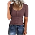 thumbnail image 1 of UPPADA Women's Summer Tops Short Sleeve V Neck Ribbed Knit Tees Trendy Button Front T Shirts Henley Solid Color Shirts Vacation Oufits Brown,XXL, 1 of 4