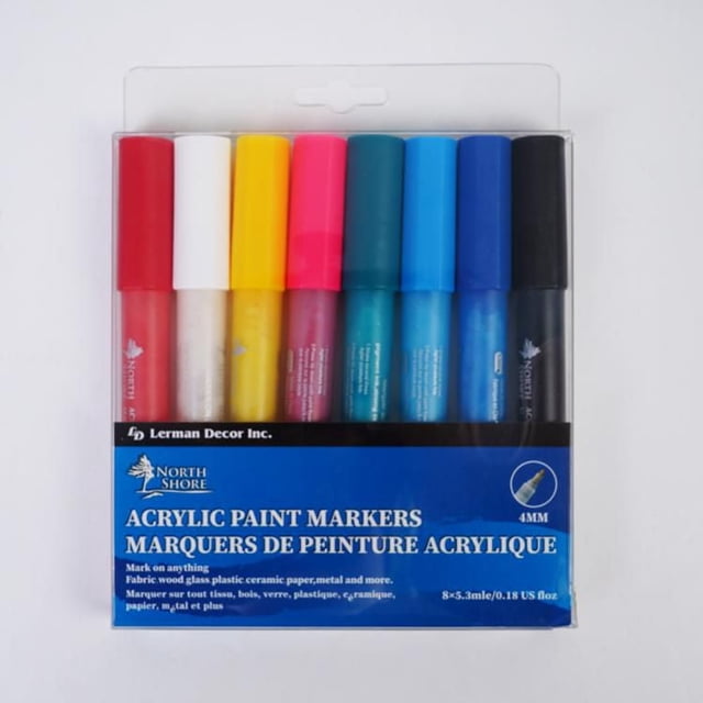 North Shore acrylic paint markers set with eight 4mm bullet-tip markers in red, white, yellow, pink, teal, light blue, blue, and black, suitable for marking on wood, glass, ceramic, paper, metal, and more, often used for drawing, outlining, and coloring projects.
