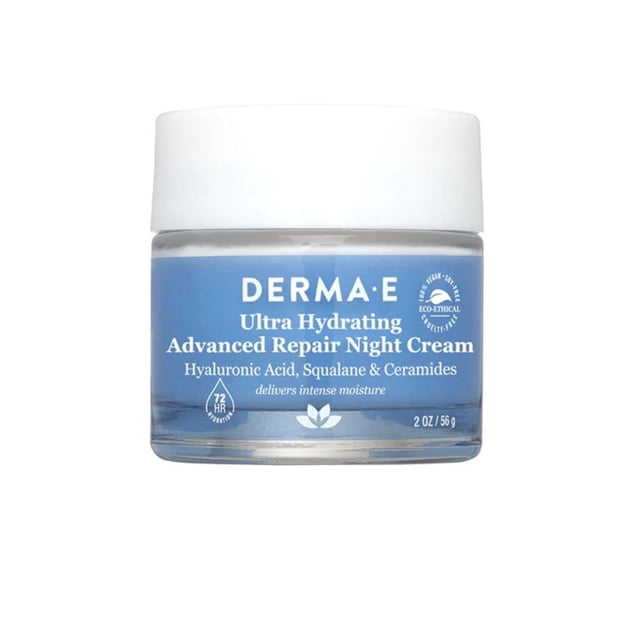 Ultra Hydrating Advanced Repair Night Cream by DERMA E in a clear glass jar with white lid and blue label, featuring hyaluronic acid, squalane, and ceramides for intense 72-hour hydration and overnight skin repair, ideal as a face moisturizer, 2 oz (56 g).