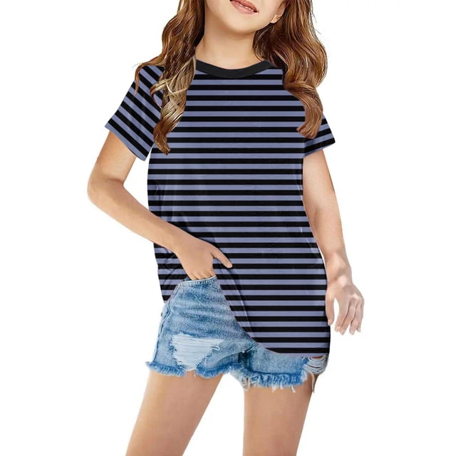 Penkiiy T-Shirts à Manches Courtes à Blocs de Couleur Rayés pour Filles, Col Rond Décontracté, Été, Mignons, Hauts Tee 4-13 Ans Bleu