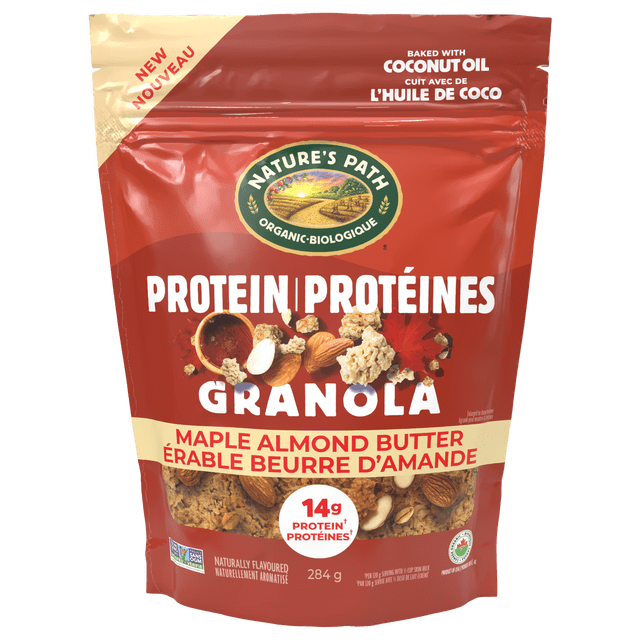 Nature's Path Organic Maple Almond Butter Protein Granola 284g pouch with red and beige packaging, featuring the brand logo and text highlighting 14g protein per serving, baked with coconut oil, showing almonds, almond butter, maple syrup, and crunchy organic oat clusters, ideal for plant-based protein boost.