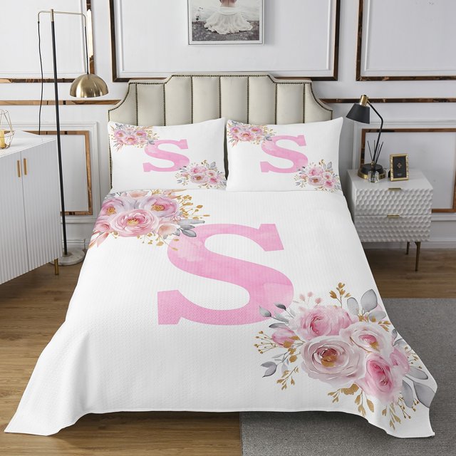 Erosebridal Initial S Letter Coverlet Set Queen, Floral Monogrammed 02, Initial A-Z Decor