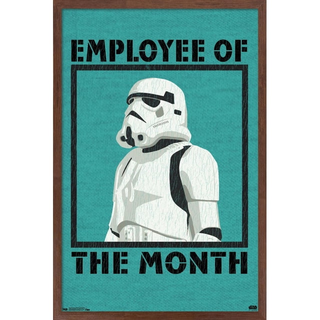 Star Wars : Saga - Affiche Murale de l'Employé du Mois, 22,375 Po x 34 Po Présentant une illustration de Stormtrooper Blanc Centré sur un Fond Texturé Sarcelle avec un Texte Noir Audacieux « Employé du Mois » Encadré en Bois Foncé, Convient à la Décoration Murale de la Maison Ou du Bureau.