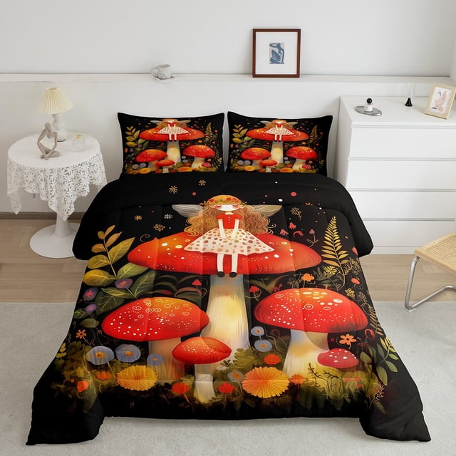 Erosebridal Magical Fairy Bedding Full Comforter Set, Mushroom Plant Down Comforter, Princess Style Decor, Reversible 3pcs