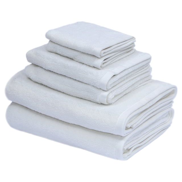 Holiday Time Ensemble de Serviettes Danseuse de Nuages, 6 Pcs Montrant une Pile de Serviettes Blanches 100 % Coton Bien Pliée Incluant 2 Serviettes de Bain, 2 Serviettes à Main et 2 Débarbouillettes à texture Éponge Douce et Absorbante, Convient comme Accessoires de Salle de Bain et pour Offrir.