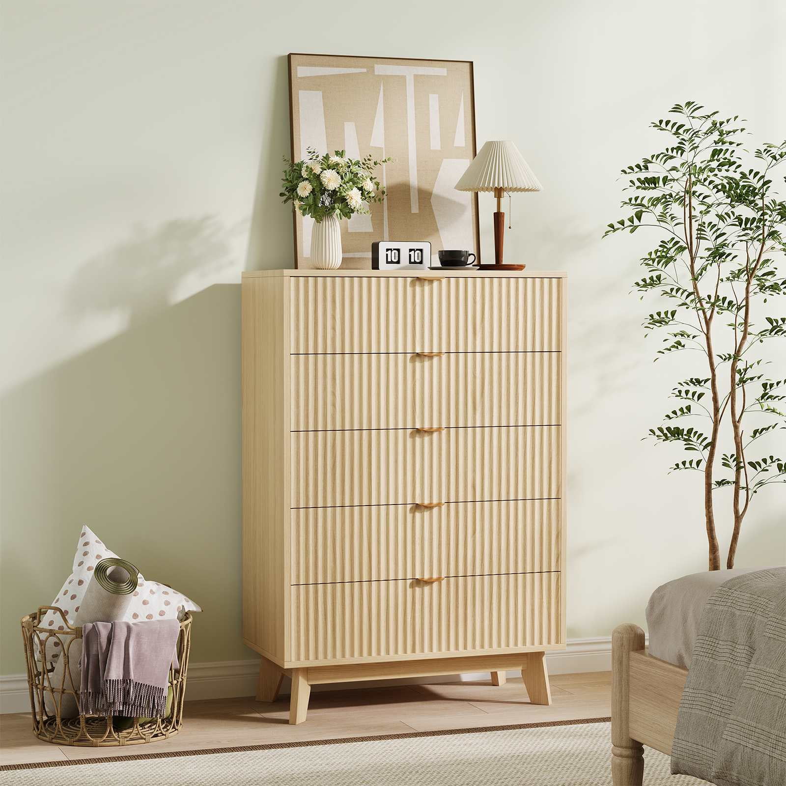 Ourlova Mid-Century Fluted 5-Drawer Dresser Natural Wood Chest of Drawers