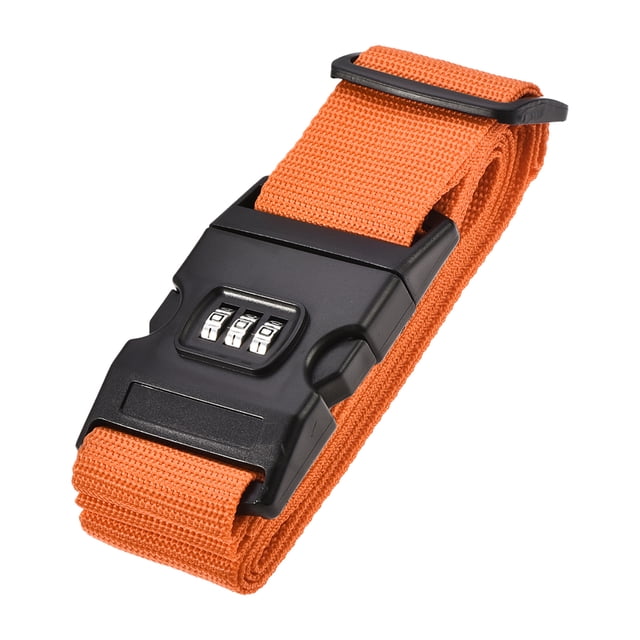 Unique Bargains Luggage Strap Suitcase Belt with Buckle, Combination Lock, 2Mx5cm Adjustable PP Travel Packing Accessory in orange. The strap features a durable polypropylene material, a width of 5 cm (2 inches), and a total length of 200 cm (79 inches). It includes a solid combination lock for anti-theft security, a bright orange color for easy identification, and a label window for added convenience.