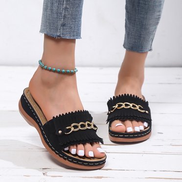 LSLJS Metal Buckle Thick Bottom Fringed Beach Slippers Women's Orthopedic Wedge Sandals, Women's Slippers