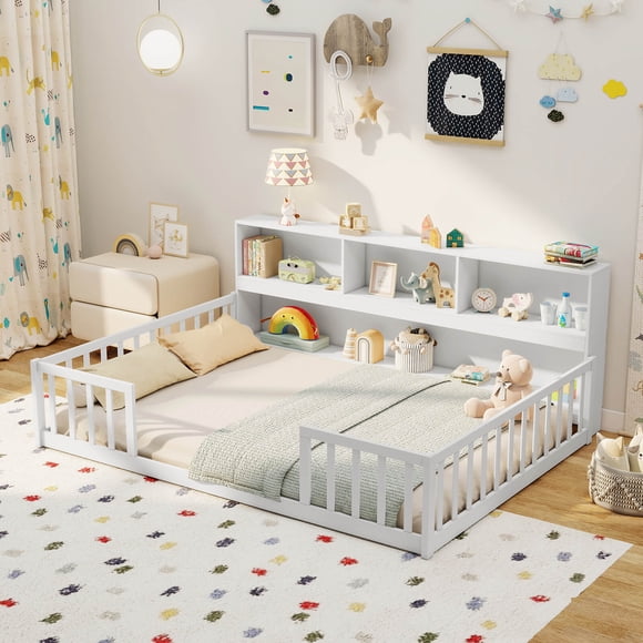 Costway Full Size Montessori Floor Bed with Bookcase Storage Shelves & Safety Fence Rails White