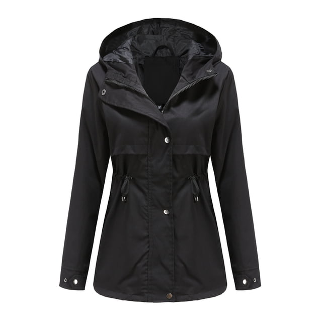 LSLJS Women's Solid Rain Jacket Outdoor Jackets Hooded Raincoat Windproof( Black, XXXL)