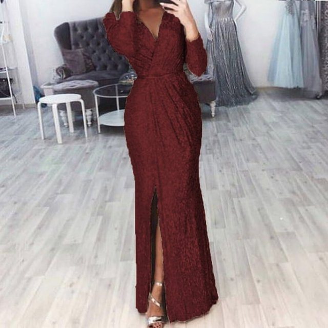 MesaSe Robe à Paillettes pour Femme à Col en V Profond avec Fente, Manches Longues, Robe de Boîte de Nuit, de Fête et de Soirée pour Femme, Dame, Nouveau