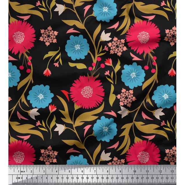 Soimoi Modal Satin Fabric Leaves & Floral Artistic Print Fabric by the Yard 42 Inch Wide
