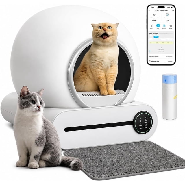 OXAA Automatic Self-Cleaning Cat Litter Box - Smart WiFi App Control, Multi-Cat Safety Protection, & Odor Control centered front view of the automatic litter unit with a large entry opening, top control panel, sealed rear waste compartment and one-button sand-change; visible 10-sensor anti-pinch array and app connectivity mark indicating 2.4GHz AIRPET tracking for weight and usage; supports up to 6 cats and compatible with bentonite, plant-based, clay and mixed litters. Often used as a remote monitoring station for multi-cat behavior tracking.