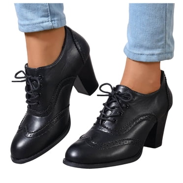 Women's Leather Classic Lace up Chunky Mid Heel Pointed Toe Oxfords Dress Pumps Shoes Vintage Wingtip Booties