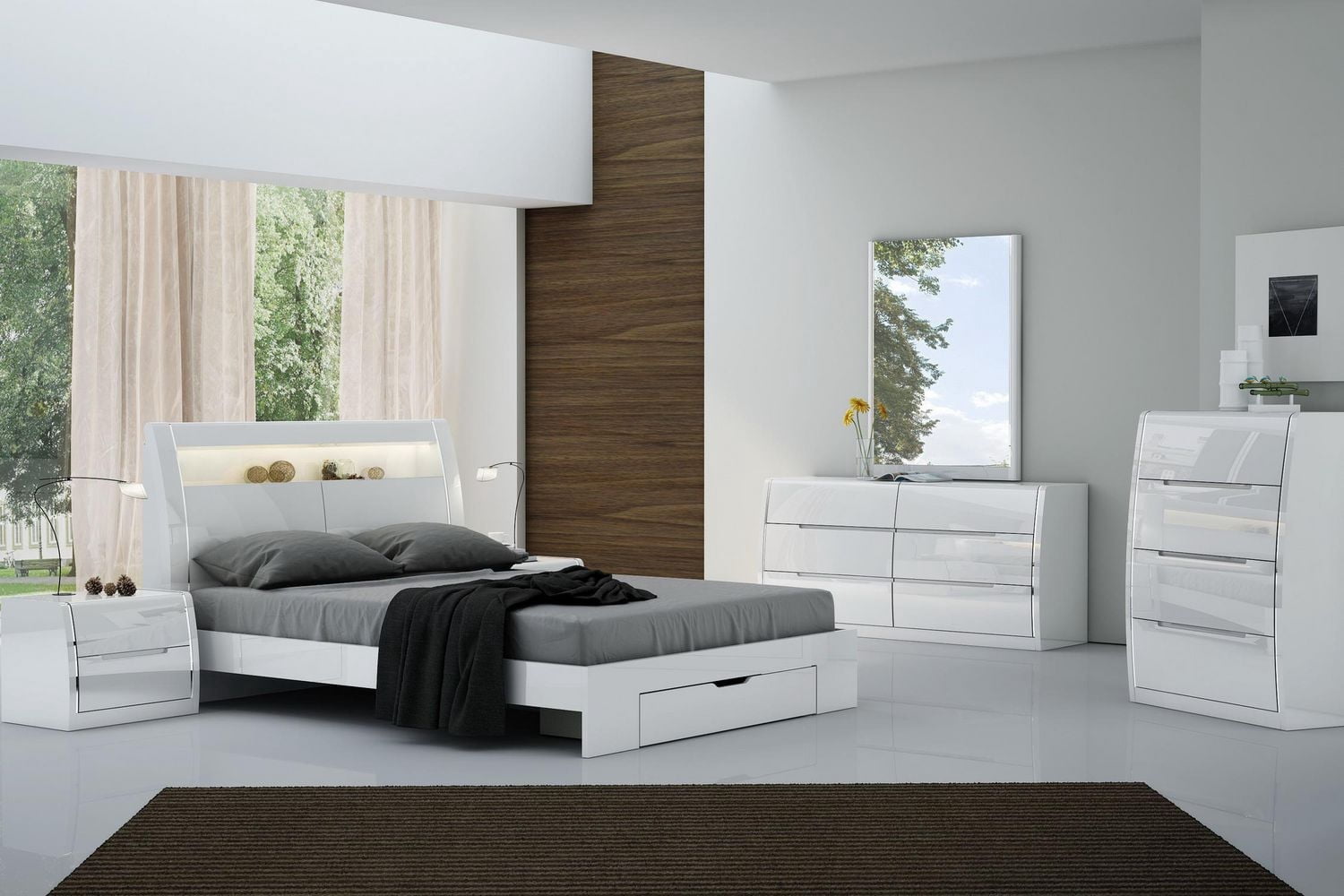 K-Living Phoebe Solid Wood Nightstand in High-Gloss White Finish