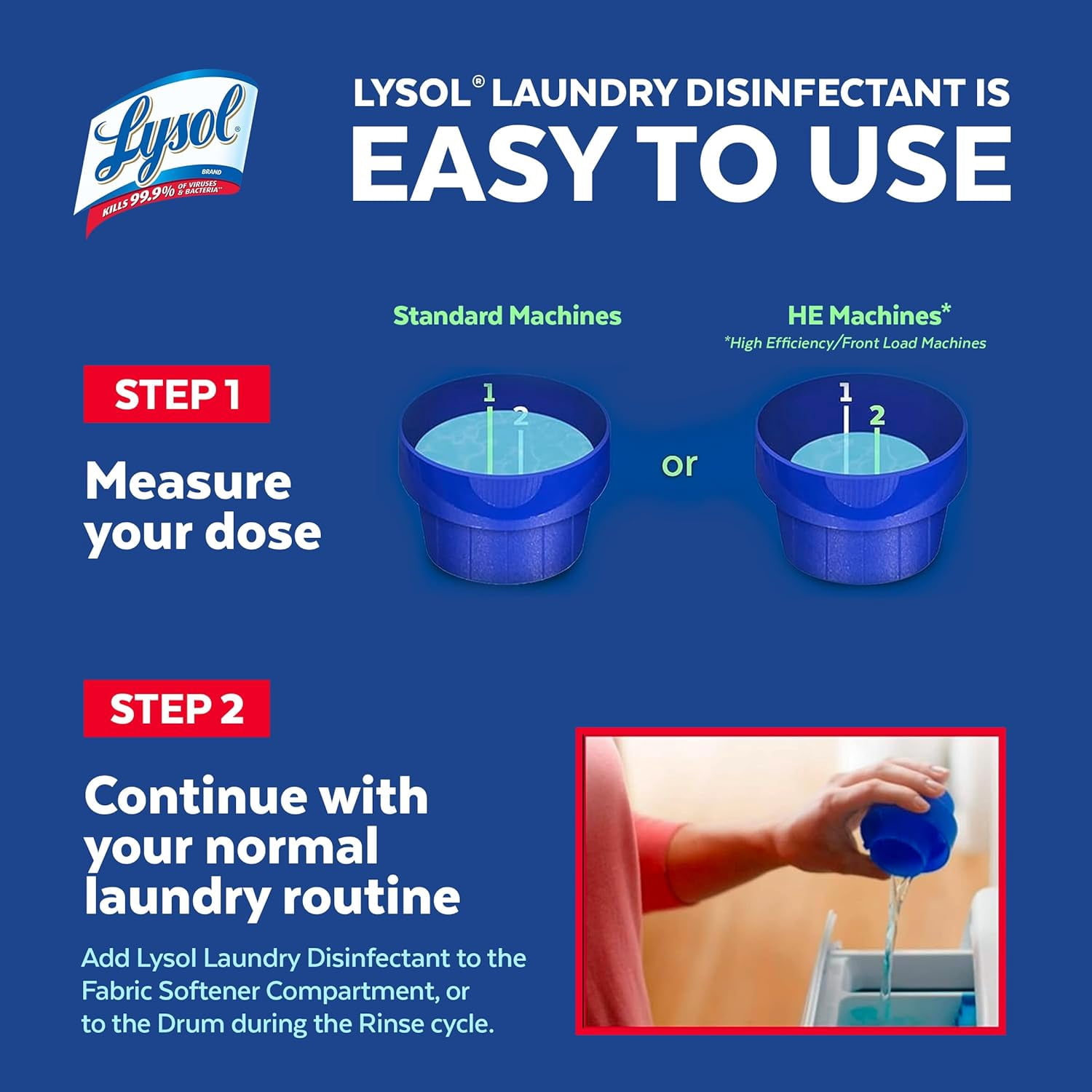 Lysol Désinfectant à lessive gratuit et transparent, sans parfum, sans colorants, 0 % d'eau de Javel, tue 99,9 % des virus et bactéries, 1.2 l