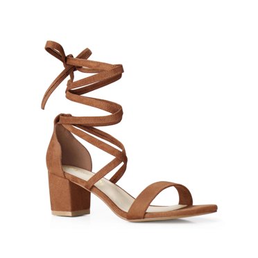 BLISSFUL STEP Women's Back to School Shoes Lace-Up Chunky Heel Open Toe Cross Strap Sandals Brown 6