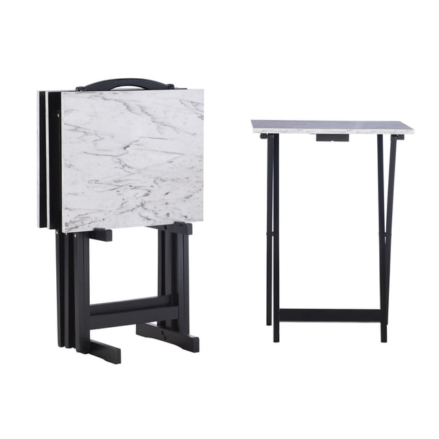 Giles White Faux Marble Tray Table Set with four foldable rectangular trays featuring white faux marble tops and black wood bases, plus a black storage stand with handle for easy transport, often used as snack trays or occasional tables.