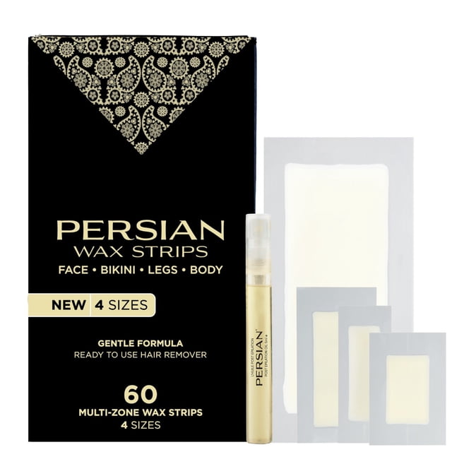 Persian Multi-Zone Wax Strips 4 sizes, 60 strips with aftercare oil. Centered, front-facing view of the kit with visible pre-cut waxing strips and oil sachet; formulated for hair removal and waxing on face, bikini, legs, arms and underarms, suitable for quick travel touch-ups.
