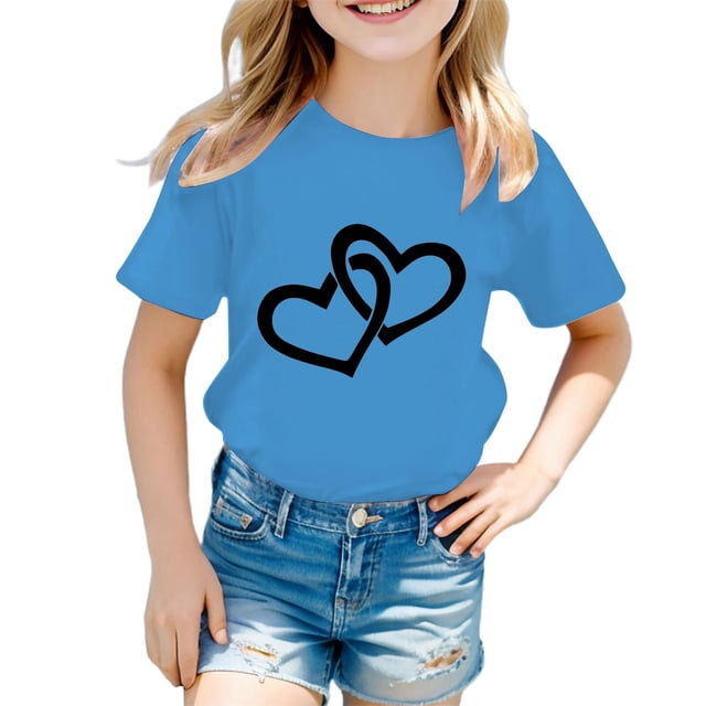 PMVFHDE T-Shirts Fille T-Shirt Enfant Filles Mignon Graphique Col Rond Manches Courtes Tee Été Décontracté T-Shirt Bleu Ciel, 1-2 Ans