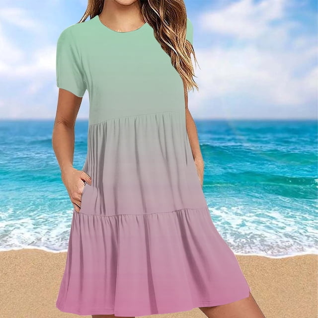 Weiqiqre Robes de Travail pour Femmes, Robe T-Shirt d'Été Décontractée à Manches Courtes pour Femmes, Robes Mini à Étages avec Poches