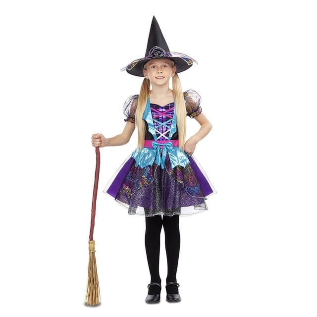 Child Sparkly Witch Costume with a colorful luminescent dress in purple, blue, and pink, puffed sheer sleeves, shiny blue apron detail, pointed witch hat with matching patterns, black tights, black shoes, and a traditional broomstick, ideal for girls' Halloween dress-up.