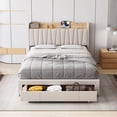 thumbnail image 3 of Twin Size Bed Frame with Drawer, Upholstered Platform Bed Frame with Storage Headboard and Charging Station, Mattress Foundation with Solid Wooden Slats Support, No Box Spring Needed, White, 3 of 8