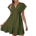 thumbnail image 1 of AherBiu Boho Dresses for Women Cap Sleeve V Neck Drawstring Waist Ruffle Flowy Short Dress Solid Color, 1 of 6