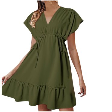 AherBiu Boho Dresses for Women Cap Sleeve V Neck Drawstring Waist Ruffle Flowy Short Dress Solid Color