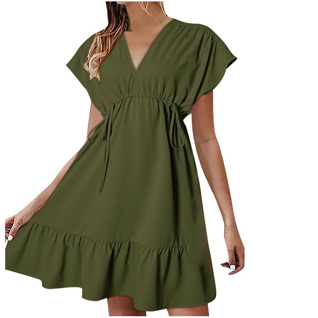 AherBiu Boho Dresses for Women Cap Sleeve V Neck Drawstring Waist Ruffle Flowy Short Dress Solid Color