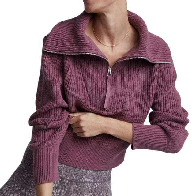 Pullovers Tricotés à Col Roulé Manches Longues Demi-Fermeture à Glissière pour Femmes Automne Hiver Vintage Tricoté Chandail en Molleton Rose Foncé S