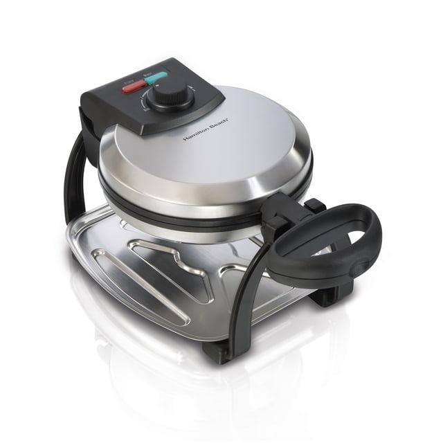 Hamilton Beach Belgian Style Flip Waffle Maker 26010C with stainless steel lid and black cool-touch handle, adjustable browning control knob, power and ready indicator lights, and removable drip tray for even cooking and easy cleanup.