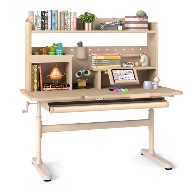 Gymax Kids Study Desk with tilt desktop, retractable book stand, and pegboard pen holder. Designed for children aged 3+, this light yellow MDF and metal desk adjusts from 44'' to 52'' in height. Features include a 60-degree tiltable desktop, top shelf, partition drawer, bookshelves, and rounded corners for safety. Ideal for studying, reading, or drawing, with sturdy legs and adjustable foot pads for stability. Suitable as a functional and decorative accent in kids' rooms.