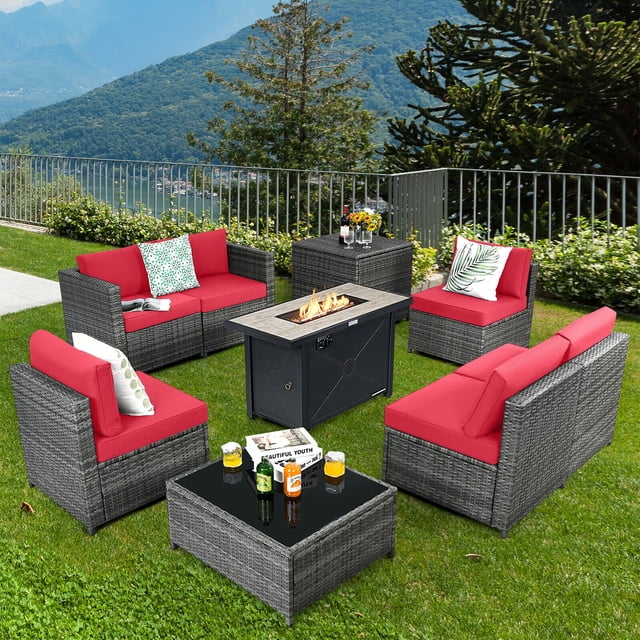 Gymax 9 PCS Patio Rattan Furniture Set Fire Pit Table Storage Black W/ Cover Red