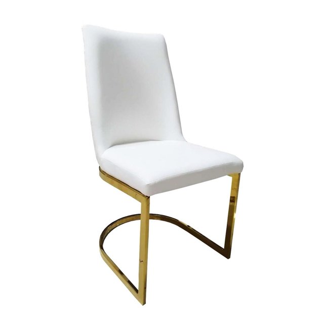 Canadian Ohio Dining Chair White (Set of 2) with a white fabric PU seat and gold chrome cantilever base, shown in a 3/4 front view on a white background, designed for kitchen and dining seating, also suitable as occasional seating in living spaces.