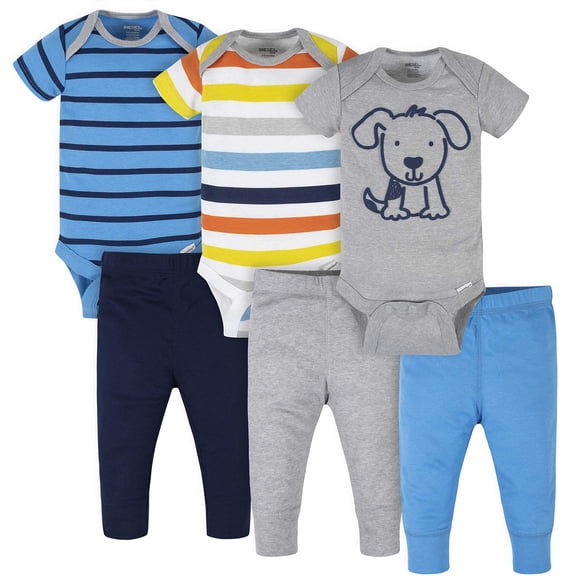 Onesies Ensemble de 3 Bodies et 3 Pantalons pour Bébé Mix n Match Nouveau-Né à 12M, Rayure Chien Bleu