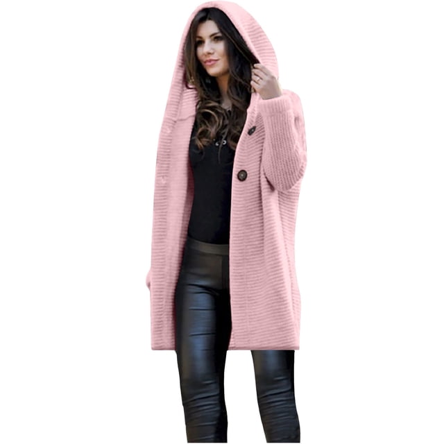 Womens Long Sleeve Pure Color Loose Long Sweater Cardigan Hooded Outwear