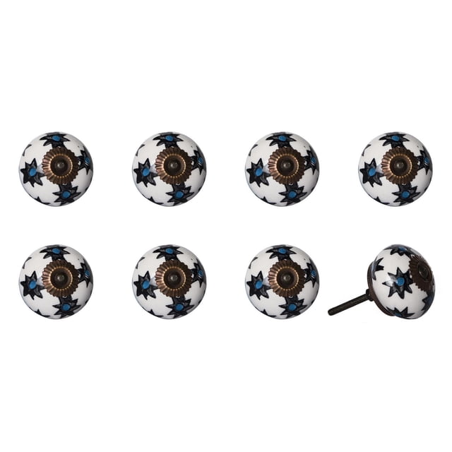 KNOB-IT vintage handpainted ceramic knobs 8 pack featuring white round ceramic knobs with black star patterns and blue dots, each with a central antique bronze metal bolt and decorative base, 1.5 inch diameter, bolt length 1.25 inches can be trimmed, designed for cabinets, drawers, and cupboards, easy installation with included nuts, also suitable for decorative boxes or small furniture updates.