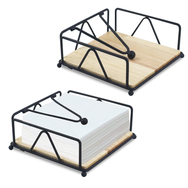 2 PCS Napkin Holder for Table, black metal napkin holder with a weighted arm and a wooden base. Designed to keep napkins organized and secure, it is ideal for kitchen counters, dining tables, and bars. Its sleek design complements various home decor styles.
